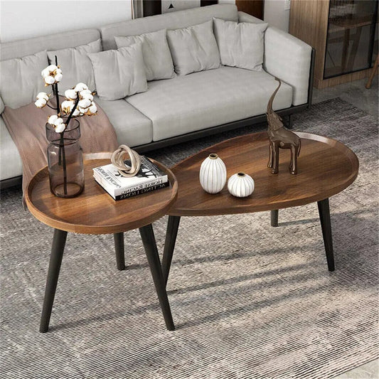 Salontafel Rond - Salontafel Druppel - Massief hout - Druppelvorm - Rond - Zwarte Poten - Walnoot - Set Van 2