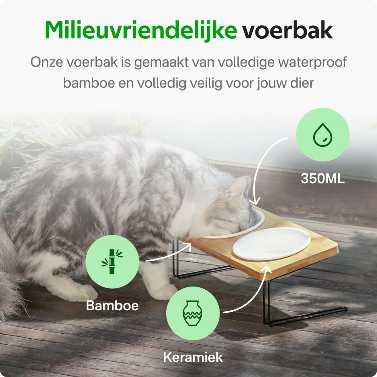Pawsomepets® Verhoogde Kattenvoerbak - Bamboe Voerbak Hond - Met Standaard - Drinkbak Keramiek - 2x 350ml
