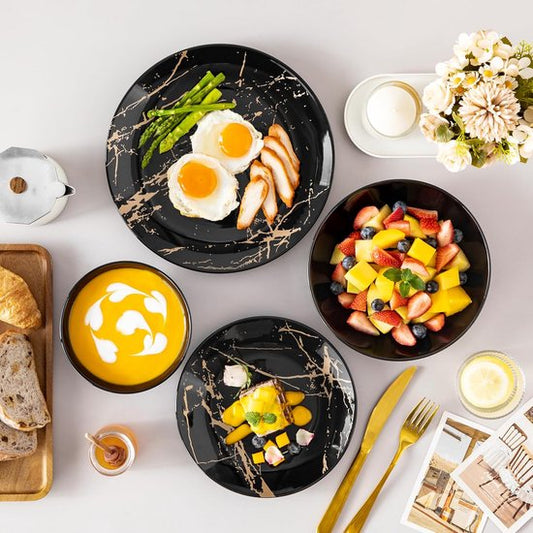 Luxe Serviesset – 24 delig – 6 persoons – Porselein - Bordenset – Dinner platen – Dessertborden - Kommen - Pastabord - Zwart - Luxe Servies