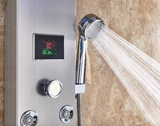 Douchekraan - Regendouche - Douchekop - Douchepaneel - 6 in 1 - Regendouche - Waterval douche - Kraan - Bidet - Massage jet - Handdouche - Waterstroom gevoed - Verlichting en LED display - Brushed nickel