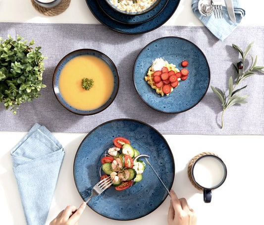 Serviesset Blauw - Keramisch - 8 borden groot - 8 borden klein - 8 schalen - 8 kopjes - 32 delig - Vintage - Blauw