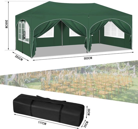 Partytenten - Partytent opvouwbaar - Partytent easy up met zijwanden - Waterdicht en Weersbestendig - 3x6 m - Donker groen