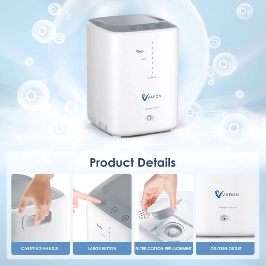 Varon - NT-04 - Zuurstofconcentrator - 2 in 1 - Oxygen Concentrator - Zuurstof Generator - Draagbaar - Zuurstofpomp - Pollen - Zuurstof - Luchtreiniger - 93%+/-3% - 1- 7L/min - Wit