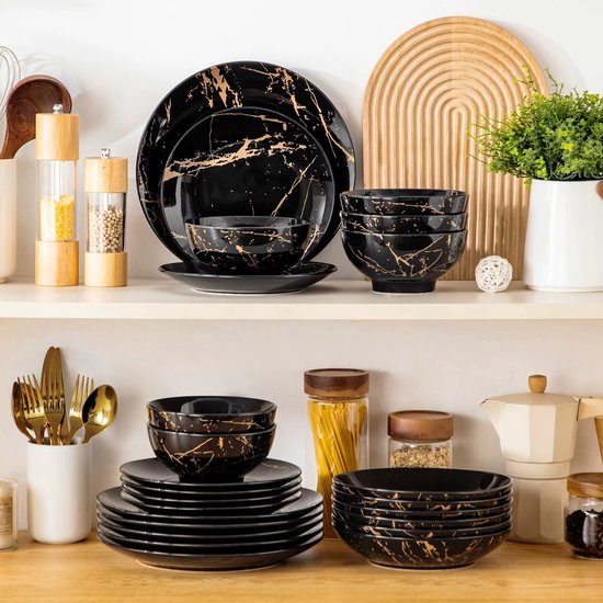 Luxe Serviesset – 24 delig – 6 persoons – Porselein - Bordenset – Dinner platen – Dessertborden - Kommen - Pastabord - Zwart - Luxe Servies