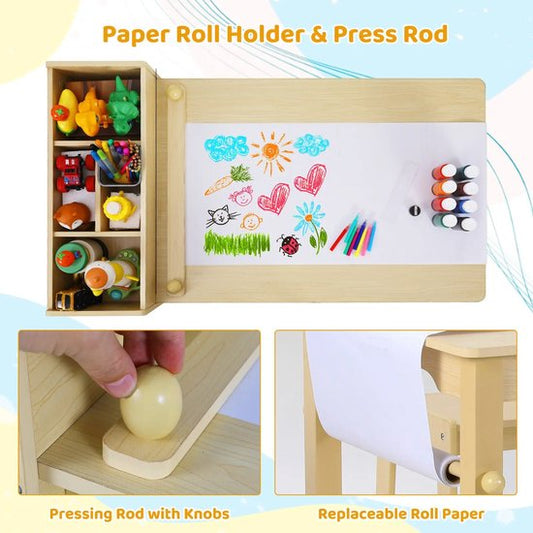 Kindertafel - Met Stoelen en Opbergplanken - Papierrolhouder - Minimalistisch Modern - Houten Ambachtelijke Tafel