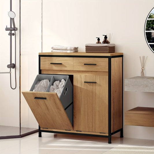 Wasmand Kast 4 Vakken – Wassorteerder met 2 Waszakken & 2 Lades – Licht Eiken
