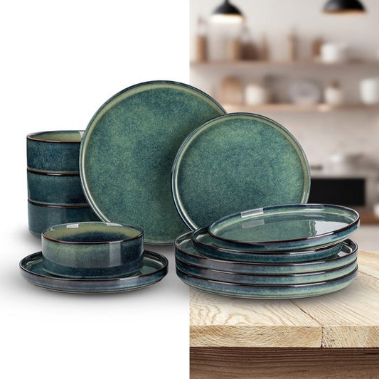 Luxe Serviesset – 12 delig – 4 persoons – Keramiek - Bordenset – Dinner platen – Dessertborden - Kommen - Groen