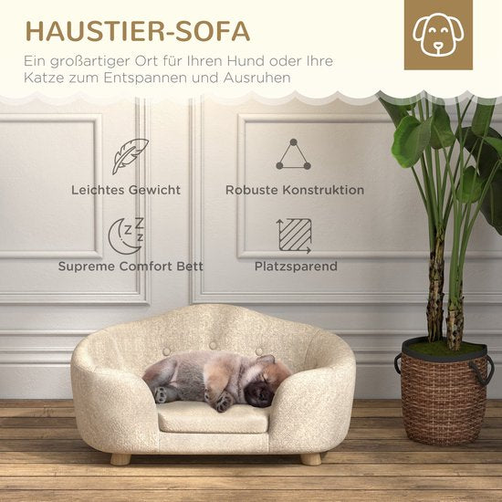 Hondenmand – Huisdier Sofa – Dierenbed – Hondenkussen – Kattenmand – Crème Kleur – Pluche Kussen – Stevig Dennenhouten Frame – 70x47x30 cm