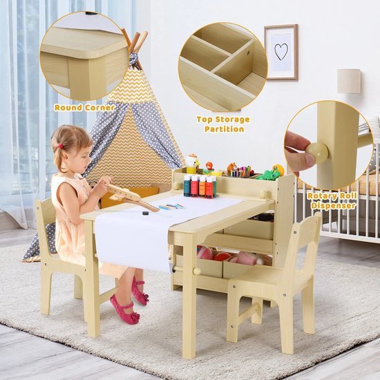 Kindertafel - Met Stoelen en Opbergplanken - Papierrolhouder - Minimalistisch Modern - Houten Ambachtelijke Tafel