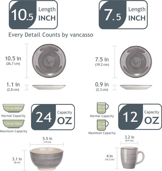 Luxe Serviesset – 32 delig – 8 persoons – Porselein - Bordenset – Dinner platen – Dessertborden - Kommen - Mokken - Schaaltjes - Grijs