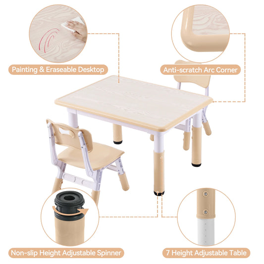 Kindertafel - Kinder tafel met stoelen - Speeltafel - Tekentafel - Set van tafel en stoelen - Kunststof - Hoogte verstelbaar - Beige - 60x60cm
