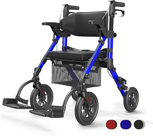 Lichtgewicht 2‑in‑1 Rolstoel & Rollator – Opvouwbaar - Rubberen Buitenbanden - Geschikt voor Alle Ondergronden