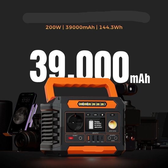 Draagbare Powerstation – Mobiele Energiebron – Noodstroomvoorziening – Camping Accu – 200W Continue Stroom – 4 USB-Poorten