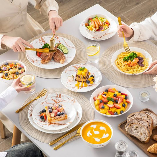 Luxe Serviesset – 24 delig – 6 persoons – Porselein - Bordenset – Dinner platen – Dessertborden - Kommen - Pastabord - Wit - Luxe Servies