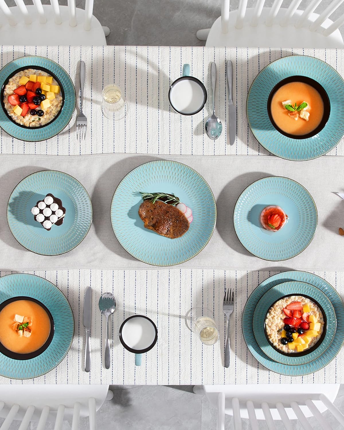 Serviesset groen - Keramisch - 12 borden groot - 12 borden klein - 12 kommen - 12 kopjes - 48 delig - Reliëf - Groen