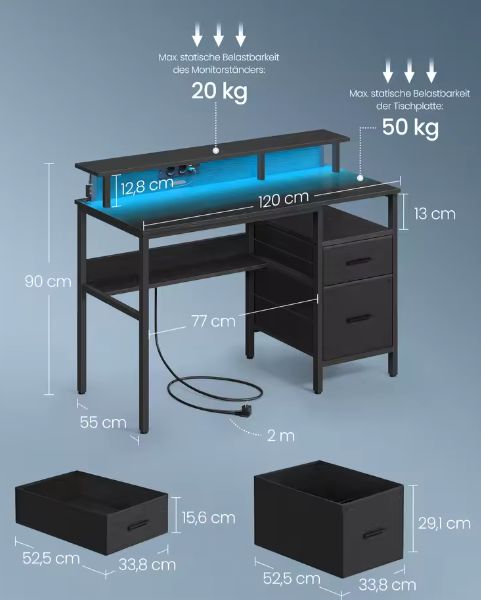 Verstelbaar Bureau met Lades & LED – 120 cm Werkblad, Monitorstandaard & Stopcontacten