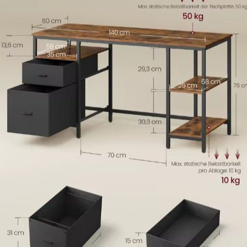 Bureau met 3 Planken & 2 Lades – 60×140×76 cm, Industrieel en Functioneel