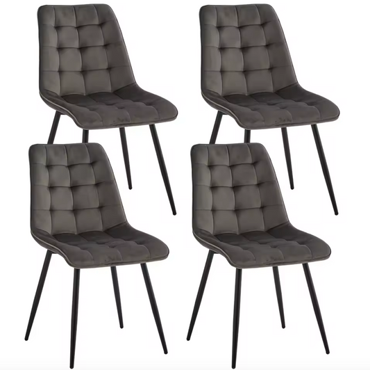Set van 4 Moderne Eetkamerstoelen – Fluwelen Gewatteerde Zitting en IJzeren Poten