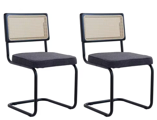 Set van 2 Retro Eetkamerstoelen – Rotan Look – Comfortabele Fluwelen Zitting – Stevig Metalen Frame – Boog Rugleuning – Natuurlijke Kleur