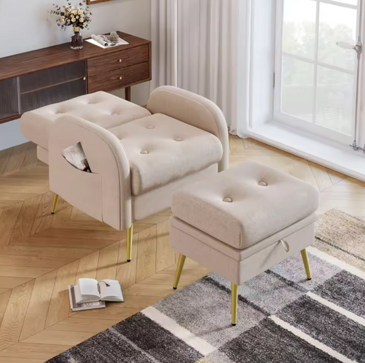 Beige Loungestoel met Voetensteun en Opbergruimte – Verstelbare Rugleuning en Zijvakken