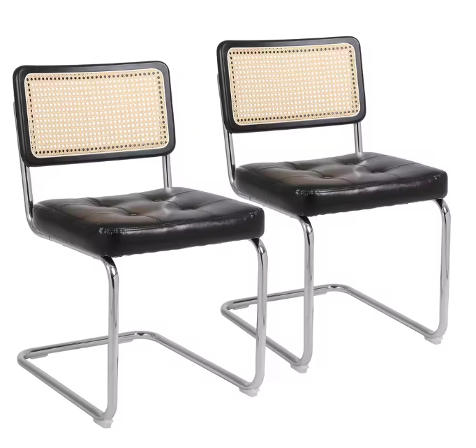 Set van 2 Zwarte Eetkamerstoelen – Gestoffeerde Zitting & Rotan Rugleuning, Metalen Frame en Ergonomisch Design