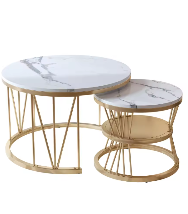 Ronde Salontafelset van 2 – Marmerlook & Gouden Frame