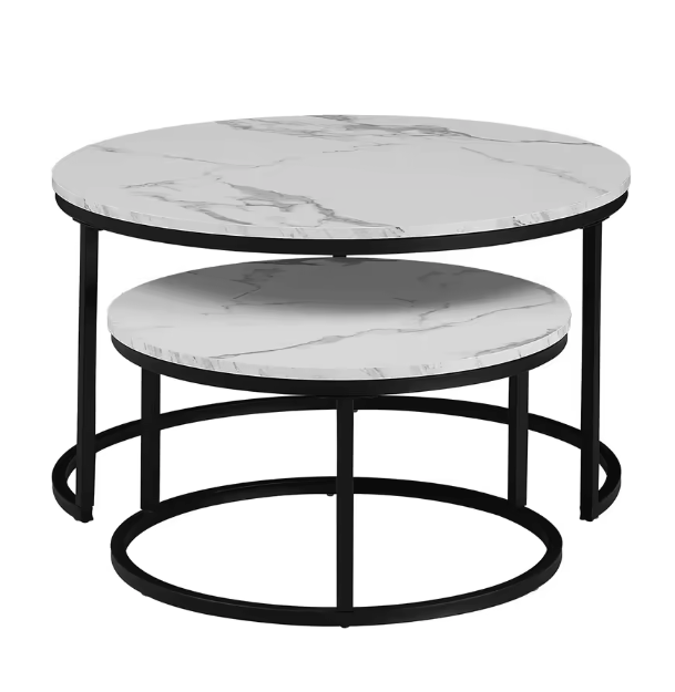 2-delige Ronde Salontafelset – Wit Marmerlook & Metaal