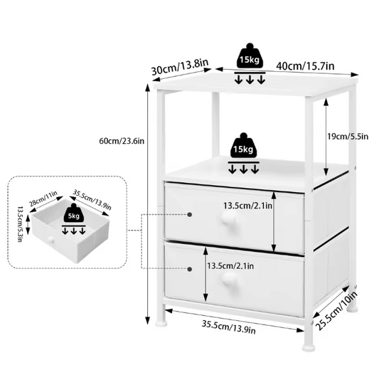 Nachtkastje met 2 Stoffen Lades – Houten Bijzettafel met Open Vak