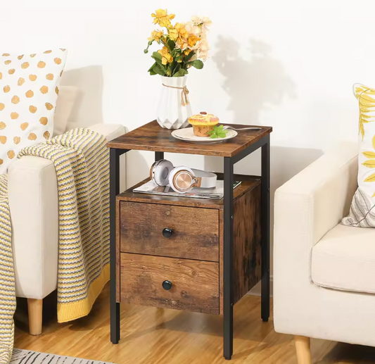 Nachtkastje met 2 Lades & Planken – Industrieel Bruin Metaal