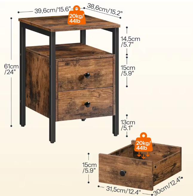 Nachtkastje met 2 Lades & Planken – Industrieel Bruin Metaal