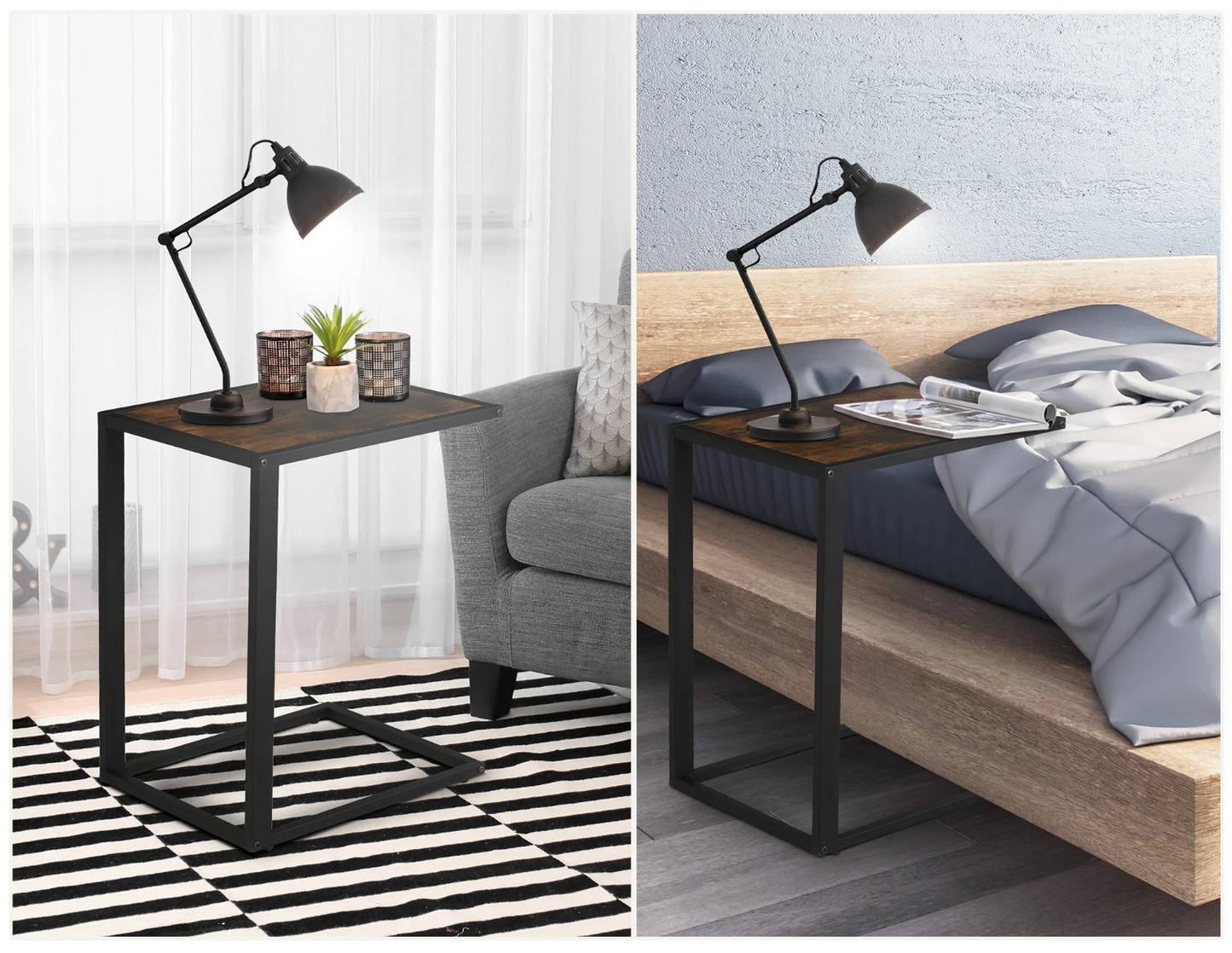 Industrieel C-Vormige Bijzettafel – MDF & Metaal, Rustiek-Bruin