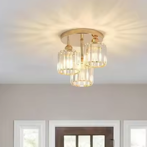 Moderne Gouden Plafondlamp – 3-Lichts met Kristalglas, Semi-Inbouw