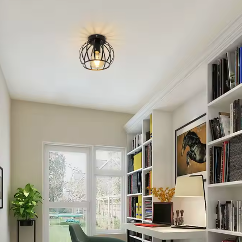 Vintage Plafondlamp – Zwarte Semi-Inbouwlamp met Kooi Ontwerp