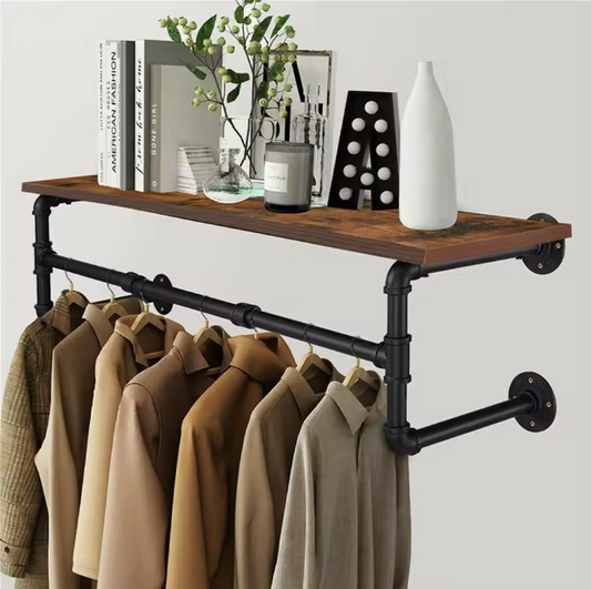 Industrieel Wandrek met Kledingroede & Houten Plank – Metaal, 100 cm