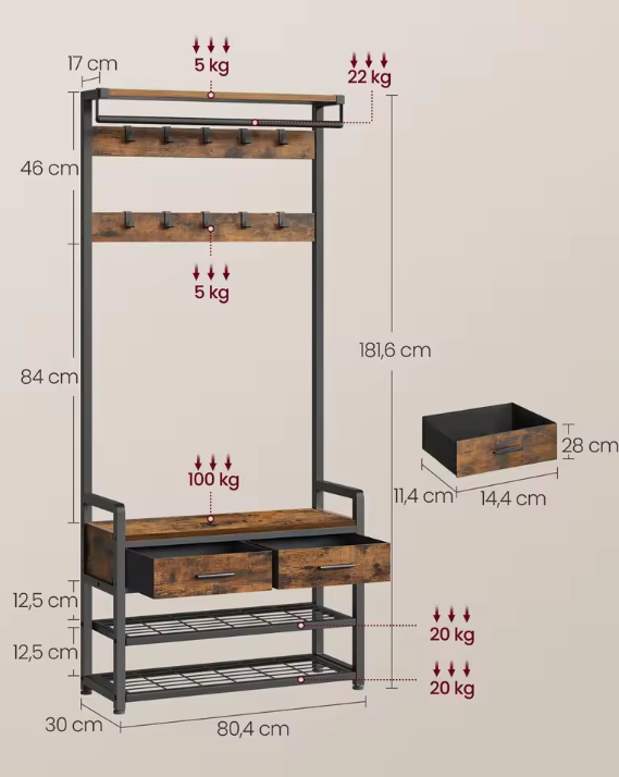 Kapstok met Schoenenbank en Lades – 6-in-1 Halmeubel met Haken, Plank en Zitbank