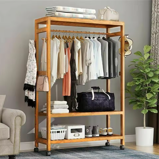 Bamboe Kledingrek met Haken, 3 Legplanken & Wielen – Vrijstaand, 80×35×165 cm