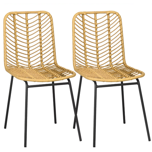 Set van 2 Boheemse Eetkamerstoelen – Synthetisch Rotan en Zwarte Stalen Poten