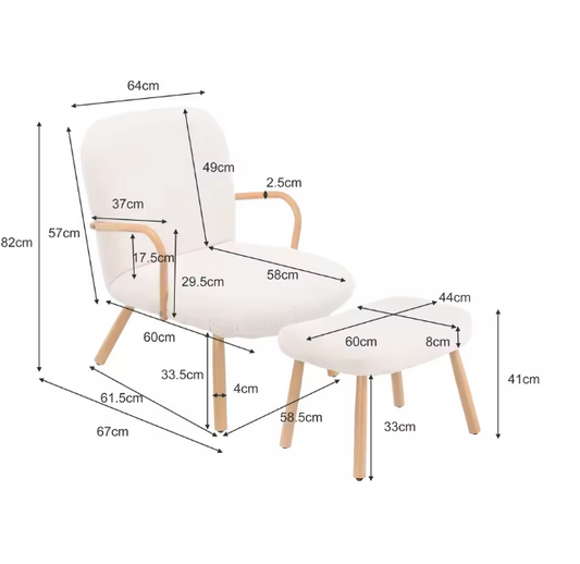 Fauteuil met Poef – Sherpa Bouclé Stoffering & Roestvrijstalen Poten – Hoge Rugleuning voor Extra Comfort