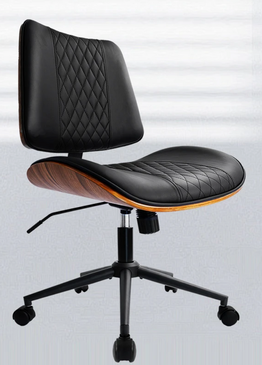 Moderne Bureaustoel Zonder Armleuningen – In Hoogte Verstelbaar, PU-Leder & Walnootlook