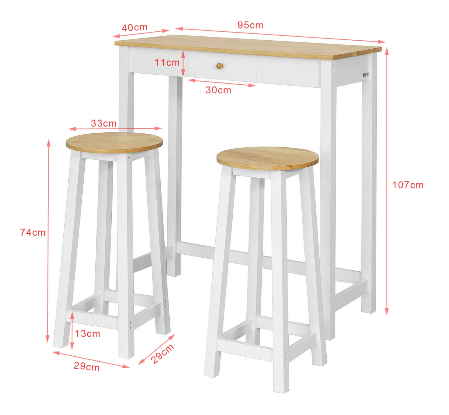 3-delige bartafelset met lade, haken en 2 krukken