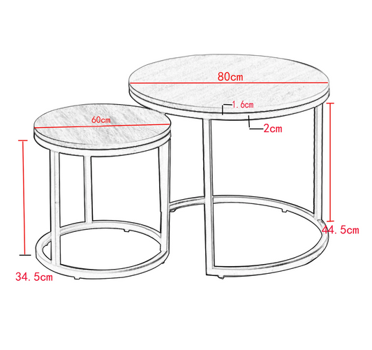 2-delige Ronde Salontafelset – Wit Marmerlook & Metaal