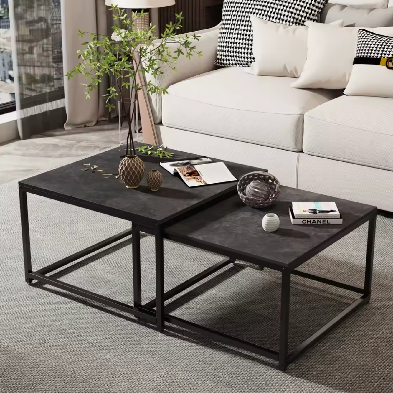 2-delige salontafel set van gesinterde steen en metaal – Inklapbaar