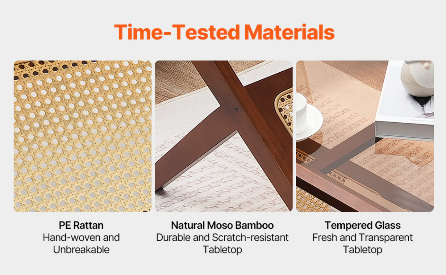 Z-vormige rotan salontafel met glazen blad – 50 en 120cm