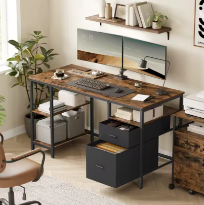 Bureau met 3 Planken & 2 Lades – 60×140×76 cm, Industrieel en Functioneel