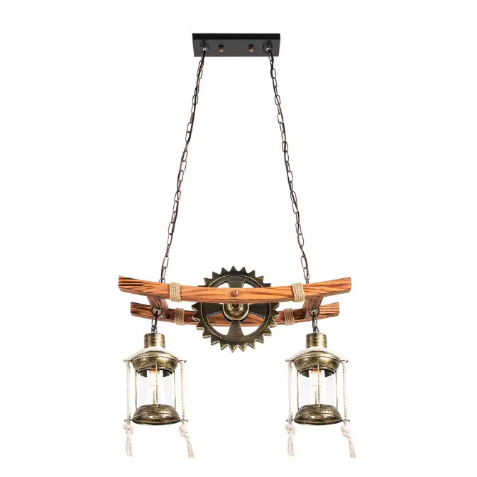 Vintage 2-Lichts Hanglamp – Houten Kroonluchter in Rustieke Stijl