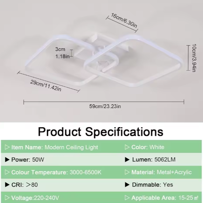 Moderne Vierkante LED Plafondlamp – 50W, Dimbaar met Afstandsbediening, 59 cm