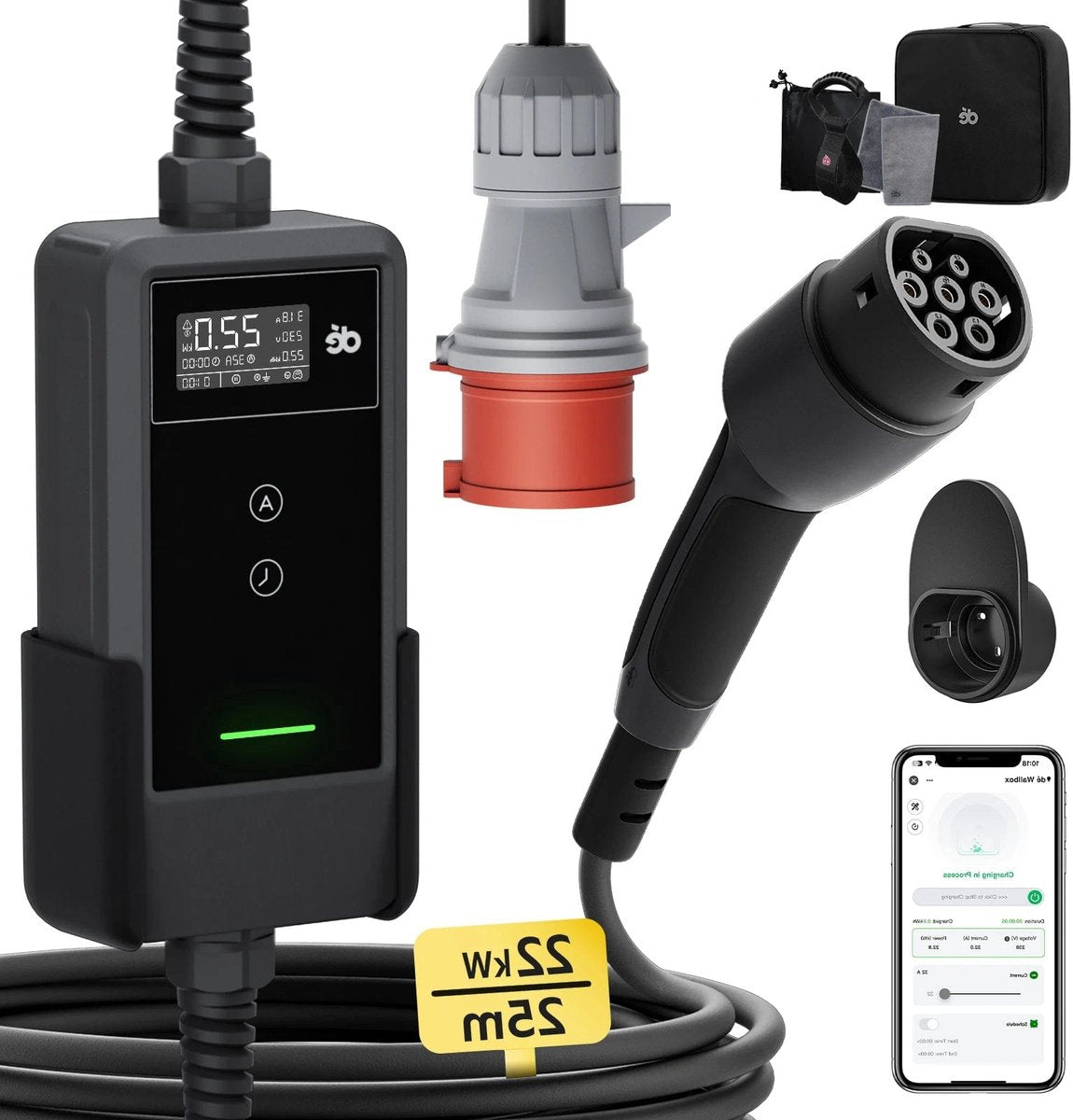 Draagbare Ev-Lader – Elektrische Auto Oplader – Mobiele Laadstation – Snellader – Type 2 Laadkabel – 22 KW 3-Fase – Extra Lange 25 Meter Kabel