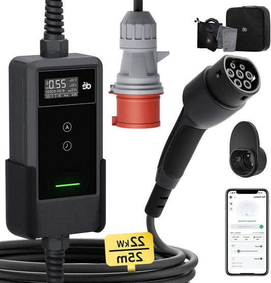 Draagbare Ev-Lader – Elektrische Auto Oplader – Mobiele Laadstation – Snellader – Type 2 Laadkabel – 22 KW 3-Fase – Extra Lange 25 Meter Kabel