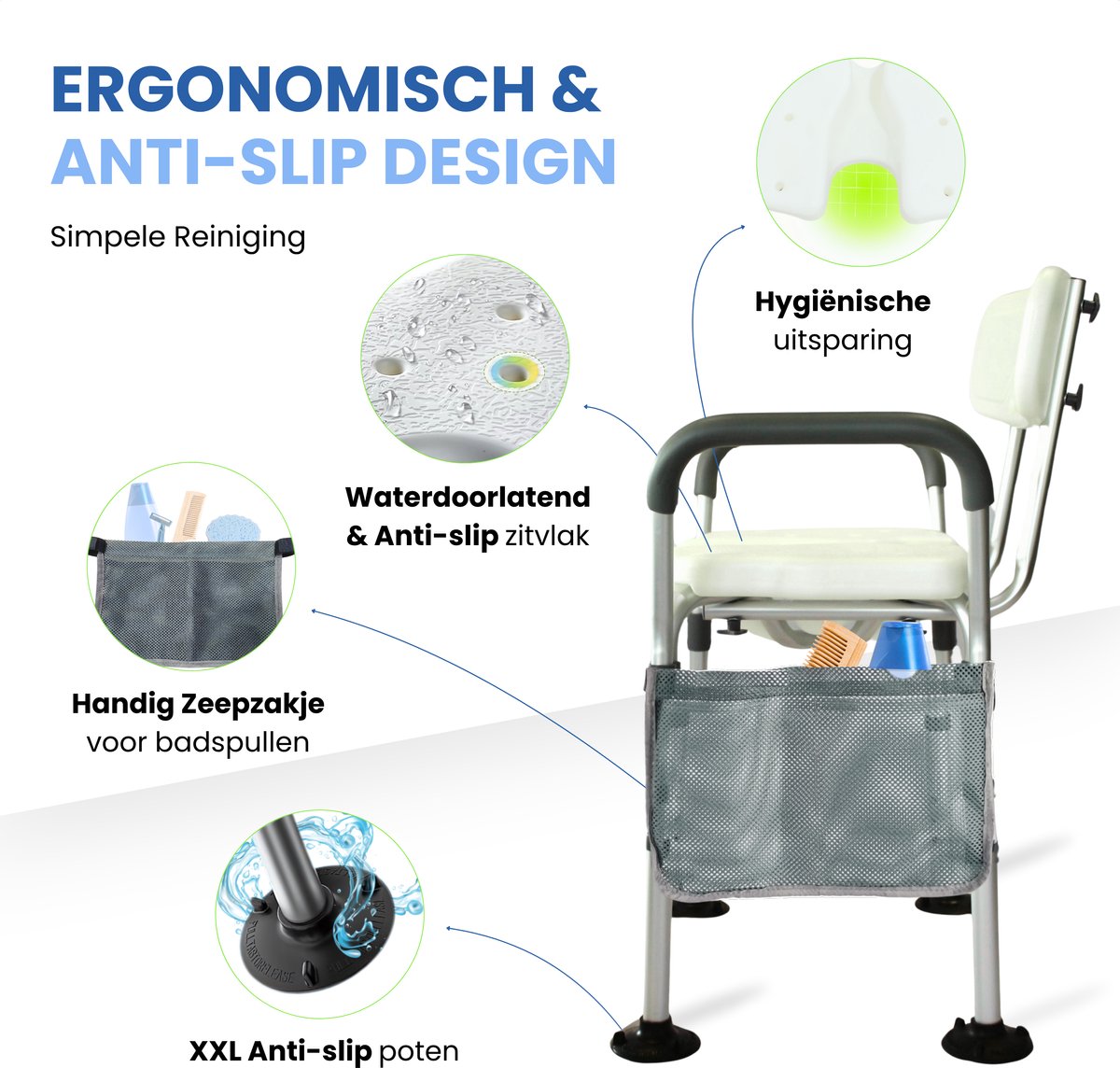 Seniove® Douchestoel Met Afneembare Armleuning - XXL Antislip - In Hoogte Verstelbaar - Incl. Zeepzakje & Kophouder