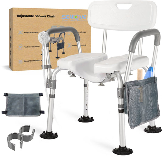Seniove® Douchestoel Met Afneembare Armleuning - XXL Antislip - In Hoogte Verstelbaar - Incl. Zeepzakje & Kophouder